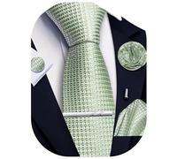 Ailisus Men’s Light Green Ties and Pocket Square Set, Plaid Silk Necktie & Handkerchief Lapel Pin Cufflinks Tie Clip for Men Formal Wedding Party