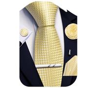 Ailisus Men’s Yellow Ties and Pocket Square Set, Plaid Silk Necktie & Handkerchief Lapel Pin Cufflinks Tie Clip for Men Formal Wedding Party