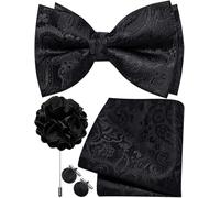 Ailisus Mens Black Bow Tie Silk Paisley Pre-tied Bowtie and Pocket Square Cufflinks Lapel Pin Set Wedding Party Business 4PCS