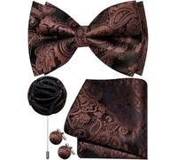 Ailisus Mens Black Coffee Brown Bow Tie Silk Paisley Pre-tied Bowtie and Pocket Square Cufflinks Lapel Pin Set Wedding Party Business 4PCS