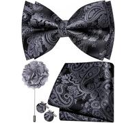 Ailisus Mens Black Dark Grey Bow Tie Silk Paisley Pre-tied Bowtie and Pocket Square Cufflinks Lapel Pin Set Wedding Party Business 4PCS