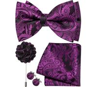 Ailisus Mens Black Dark Purple Bow Tie Silk Paisley Pre-tied Bowtie and Pocket Square Cufflinks Lapel Pin Set Wedding Party Business 4PCS