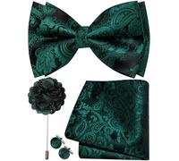 Ailisus Mens Black Emerald Green Bow Tie Silk Paisley Pre-tied Bowtie and Pocket Square Cufflinks Lapel Pin Set Wedding Party Business 4PCS