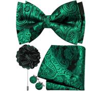 Ailisus Mens Black Forest Green Bow Tie Silk Paisley Pre-tied Bowtie and Pocket Square Cufflinks Lapel Pin Set Wedding Party Business 4PCS