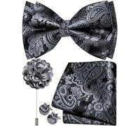 Ailisus Mens Black Grey Bow Tie Silk Paisley Pre-tied Bowtie and Pocket Square Cufflinks Lapel Pin Set Wedding Party Business 4PCS