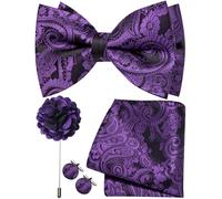 Ailisus Mens Black Purple Bow Tie Silk Paisley Pre-tied Bowtie and Pocket Square Cufflinks Lapel Pin Set Wedding Party Business 4PCS