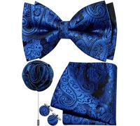 Ailisus Mens Black Royal Blue Bow Tie Silk Paisley Pre-tied Bowtie and Pocket Square Cufflinks Lapel Pin Set Wedding Party Business 4PCS