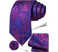 Ailisus Mens Blue Pink Floral Tie and Pocket Square Set Wedding Formal 4PCS