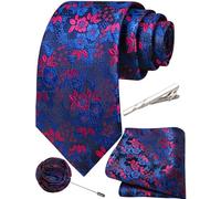 Ailisus Mens Blue Tie Silk Woven Floral Necktie and Pocket Square Lapel Pin Tie Clip Set for Men Wedding Casual