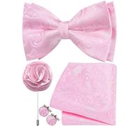 Ailisus Mens Blush Pink Bow Tie Silk Paisley Pre-tied Bowtie and Pocket Square Cufflinks Lapel Pin Set Wedding Party Business 4PCS