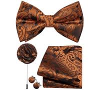 Ailisus Mens Burnt Orange Bow Tie Silk Paisley Pre-tied Bowtie and Pocket Square Cufflinks Lapel Pin Set Wedding Party Business 4PCS