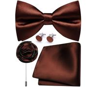 Ailisus Mens Caramel Brown Bow Tie and Pocket Square Cufflinks Lapel Pin Set Silk Pre-tied Bowtie Adjustable Wedding Party Business