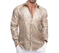 Ailisus Men's Champagne Gold Silk Shirts Long Sleeve Paisley Vintage Button Down Dress Shirt Shiny Regular Fit Casual Tops for Party Prom Wedding