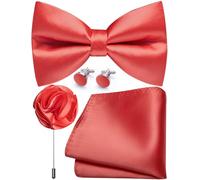 Ailisus Mens Coral Bow Tie and Pocket Square Cufflinks Lapel Pin Set Silk Pre-tied Bowtie Adjustable Wedding Party Business