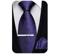 Ailisus Mens Dark Blue Burgundy Ties 63''(160cm) Extra Long Classic Striped Tie and Pocket Square Set Silk Necktie for Formal Wedding Party