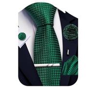 Ailisus Mens Emerald Green Tie and Pocket Square Set Silk Plaid Necktie with Handkerchief Cufflinks Lapel Pin Tie Clip 5PCS