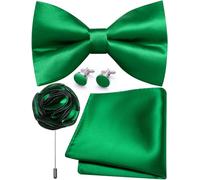Ailisus Mens Green Bow Tie and Pocket Square Cufflinks Lapel Pin Set Silk Pre-tied Bowtie Adjustable Wedding Party Business