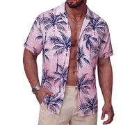 Ailisus Mens Hawaiian Shirts Short Sleeve Summer Casual Shirt for Men Tropical Floral Holiday Beach Party Funky Shirts Pink Coconut Tree