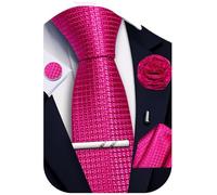 Ailisus Mens Hot Pink Tie and Pocket Square Set Silk Plaid Fuchsia Necktie with Handkerchief Cufflinks Lapel Pin Tie Clip 5PCS