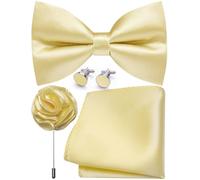 Ailisus Mens Light Yellow Bow Tie and Pocket Square Cufflinks Lapel Pin Set Silk Pre-tied Bowtie Adjustable Wedding Party Business