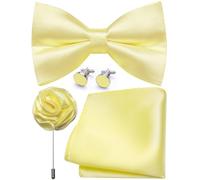 Ailisus Mens Light Yellow Bow Tie and Pocket Square Cufflinks Lapel Pin Set Silk Pre-tied Bowtie Adjustable Wedding Party Business