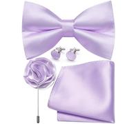 Ailisus Mens Lilac Bow Tie and Pocket Square Cufflinks Lapel Pin Set Silk Pre-tied Lavender Bowtie Adjustable Wedding Party Business