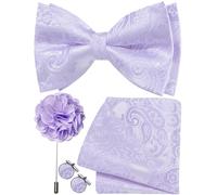 Ailisus Mens Lilac Bow Tie Silk Paisley Pre-tied Lavender Bowtie and Pocket Square Cufflinks Lapel Pin Set Wedding Party Business 4PCS