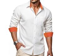 Ailisus Men's Linen Shirts Long Sleeve Regular Fit Business Casual Cotton Dress Shirt Button Down Contrast Collar White Orange 3XL