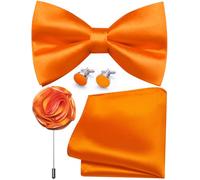 Ailisus Mens Orange Bow Tie and Pocket Square Cufflinks Lapel Pin Set Silk Pre-tied Bowtie Adjustable Wedding Party Business