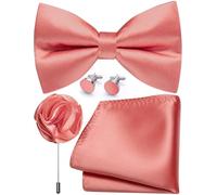 Ailisus Mens Peach Pink Bow Tie and Pocket Square Cufflinks Lapel Pin Set Silk Pre-tied Bowtie Adjustable Wedding Party Business