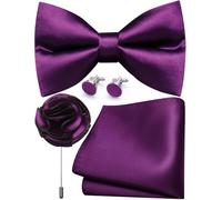 Ailisus Mens Plum Purple Bow Tie and Pocket Square Cufflinks Lapel Pin Set Silk Pre-tied Bowtie Adjustable Wedding Party Business