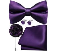 Ailisus Mens Purple Bow Tie and Pocket Square Cufflinks Lapel Pin Set Silk Pre-tied Bowtie Adjustable Wedding Party Business