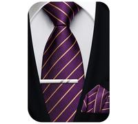 Ailisus Mens Purple Gold Ties 63''(160cm) Extra Long Classic Striped Tie and Pocket Square Set Silk Necktie for Formal Wedding Party