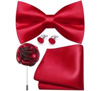 Ailisus Mens Red Bow Tie and Pocket Square Cufflinks Lapel Pin Set Silk Pre-tied Bowtie Adjustable Wedding Party Business