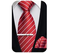Ailisus Mens Red White Ties 63''(160cm) Extra Long Classic Striped Tie and Pocket Square Set Silk Necktie for Formal Wedding Party