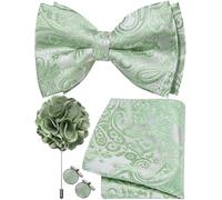 Ailisus Mens Sage Green Bow Tie Silk Paisley Pre-tied Bowtie and Pocket Square Cufflinks Lapel Pin Set Wedding Party Business 4PCS