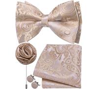 Ailisus Mens Tan Bow Tie Silk Paisley Pre-tied Bowtie and Pocket Square Cufflinks Lapel Pin Set Wedding Party Business 4PCS
