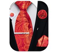 Ailisus Mens Tie Set Red Gold Paisley and Striped Silk Necktie Pocket Square Lapel Pin Tie Clip Cufflinks Set Formal Business Wedding Party