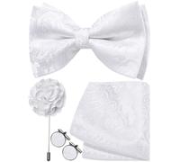 Ailisus Mens White Bow Tie Silk Paisley Pre-tied Bowtie and Pocket Square Cufflinks Lapel Pin Set Wedding Party Business 4PCS