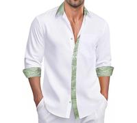 Ailisus Men's White Green Shirts Long Sleeve Outer Contrast Casual Regular Fit Button Down Dress Shirts Designer Tops for Party Business Wedding