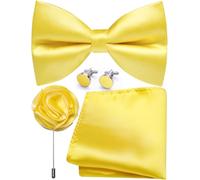 Ailisus Mens Yellow Bow Tie and Pocket Square Cufflinks Lapel Pin Set Silk Pre-tied Bowtie Adjustable Wedding Party Business