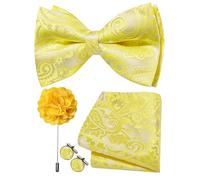 Ailisus Mens Yellow Bow Tie Silk Paisley Pre-tied Bowtie and Pocket Square Cufflinks Lapel Pin Set Wedding Party Business 4PCS