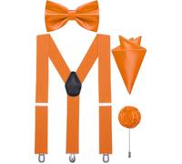Ailisus Orange Bow Tie and Braces Adjustable Mens Elastic Y-Back Suspenders Bowtie Pocket Square Lapel Pin Set Wedding Tuxedo