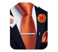 Ailisus Orange Striped Tie and Handkerchief,Tie Clip Cufflinks Lapel Pin Set Wedding Party Silk Solid Necktie Set Formal