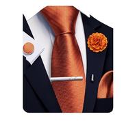 Ailisus Orange Striped Tie and Handkerchief,Tie Clip Cufflinks Lapel Pin Set Wedding Party Silk Solid Necktie Set Formal