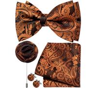 Ailisus Paisley Bow Tie for Men Silk Woven Pre-tied Bowtie and Pocket Square Cufflinks Lapel Pin Set Wedding Party Prom, Black and Orange, One Size