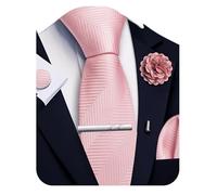 Ailisus Pink Striped Tie and Handkerchief,Tie Clip Cufflinks Lapel Pin Set Wedding Party Silk Solid Necktie Set Formal