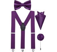 Ailisus Purple Bow Tie and Braces Adjustable Mens Elastic Y-Back Suspenders Bowtie Pocket Square Lapel Pin Set Wedding Tuxedo