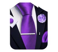 Ailisus Purple Striped Tie and Handkerchief,Tie Clip Cufflinks Lapel Pin Set Wedding Party Silk Solid Necktie Set Formal