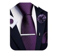 Ailisus Purple Striped Tie and Handkerchief,Tie Clip Cufflinks Lapel Pin Set Wedding Party Silk Solid Necktie Set Formal
